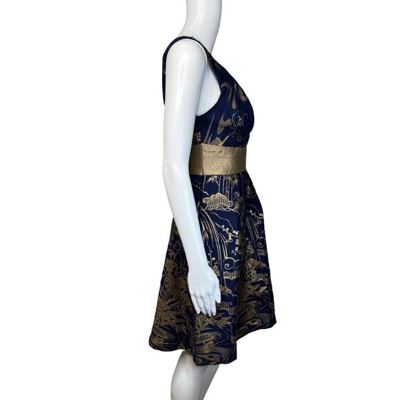 Anthropologie Eva Franco Dress Womens 2 Blue Gold Floral ShangriLa Kora Jacquard - Picture 2 of 9